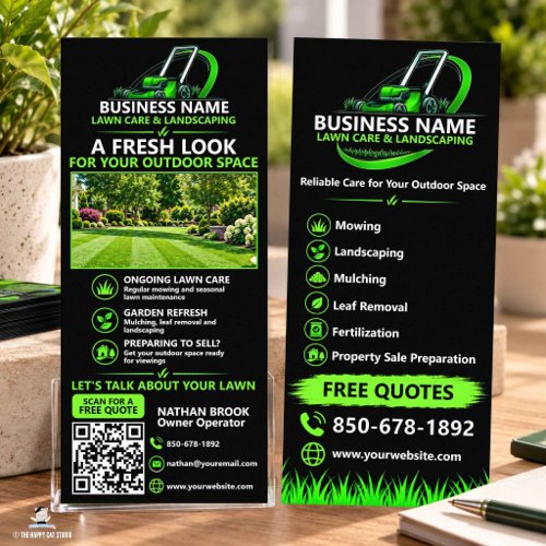 Black Green Professional Lawn Care Landscaping QR Rack Card