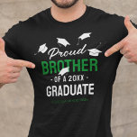 Black Green Proud Brother 2025 Graduate T-Shirt<br><div class="desc">Beaming with pride of the success of your sister or brothers achievements! Then show them how proud you are with these black graduation celebration t-shirts featuring falling mortarboard caps, the text "proud brother of a 2025 graduate", the grads name, and the color green to represent their school or college colors....</div>
