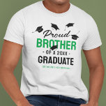 Black Green Proud Brother 2025 Graduate T-Shirt<br><div class="desc">Beaming with pride of the success of your sister or brothers achievements! Then show them how proud you are with these personalized graduation ceremony t-shirts featuring falling mortarboard caps, the text "proud brother of a 2025 graduate", the grads name, and the color green to represent their school or college colors....</div>