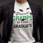 Black Green Proud Gramps 2025 Graduate T-Shirt<br><div class="desc">Beaming with pride of the success of your grandchilds achievements! Then show them how proud you are with these personalized graduation ceremony t-shirts featuring falling mortarboard caps,  the text "proud gramps of a 2025 graduate",  the grads name,  and the color green to represent their school or college colors.</div>