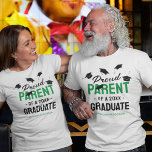 Black Green Proud Parent 2025 Graduate T-Shirt<br><div class="desc">Beaming with pride of the success of your kids achievements! Then show them how proud you are with these personalized graduation ceremony t-shirts featuring falling mortarboard caps,  the text "proud parent of a 2025 graduate",  the grads name,  and the color green to represent their school or college colors.</div>