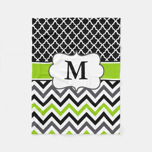 Black Green Quatrefoil Chevron Monogram Blanket (Front)