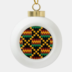 Black, Green, Red, and Yellow Kente Cloth Ceramic Ball Christmas Ornament