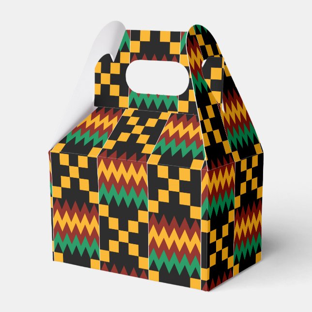 Black, Green, Red, and Yellow Kente Cloth Favor Boxes (Front Side)