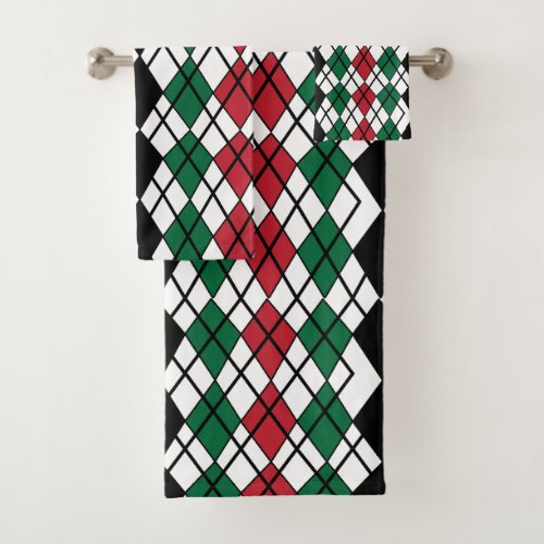 Black Green Red Argyle Pattern  Bath Towel Set