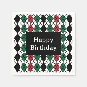 Black Green Red Argyle Pattern Birthday Napkins