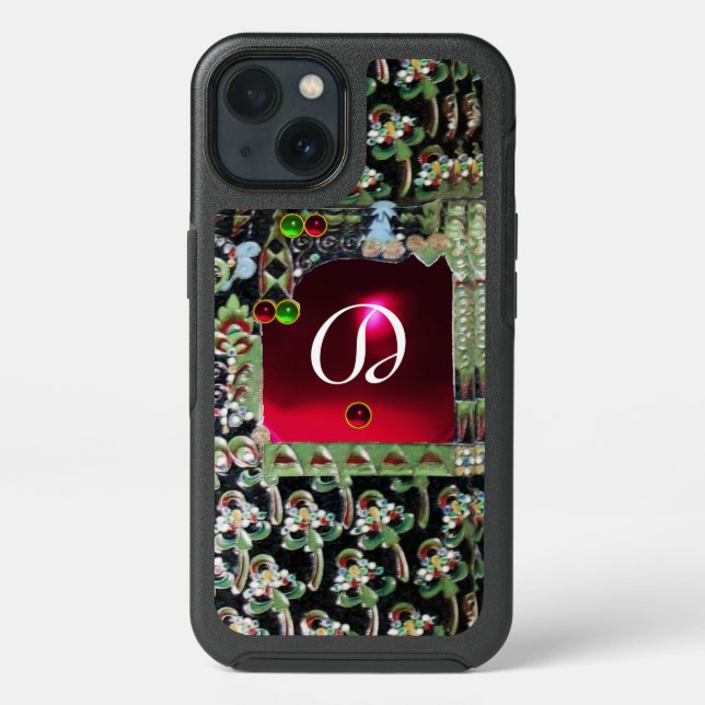 BLACK GREEN RED ART NOUVEAU GEMSTONE MONOGRAM Ruby Otterbox iPhone Case (Back)