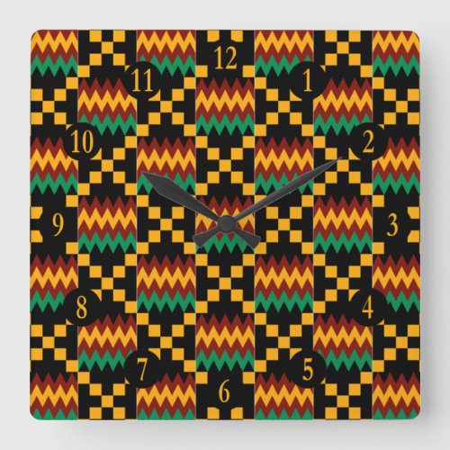 Black Green Red Yellow Numbers Kente Cloth Square Wall Clock