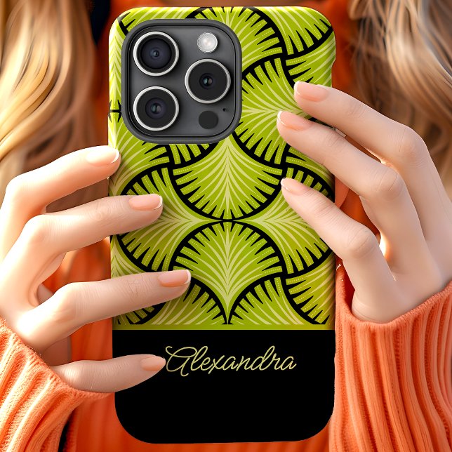 Black Green Retro 1920s Gatsby Palms Script Name Case-Mate iPhone Case (Creator Uploaded)