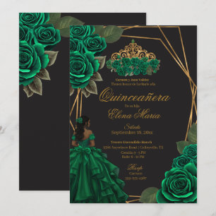 Black Green Roses Gold Princess Quinceañera  Invitation