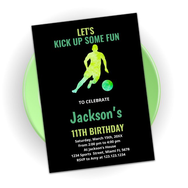 Black Green Running Soccer Birthday Invitations (Creator Uploaded)