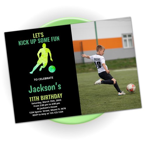 Black Green Running Soccer Birthday With photo Invitation