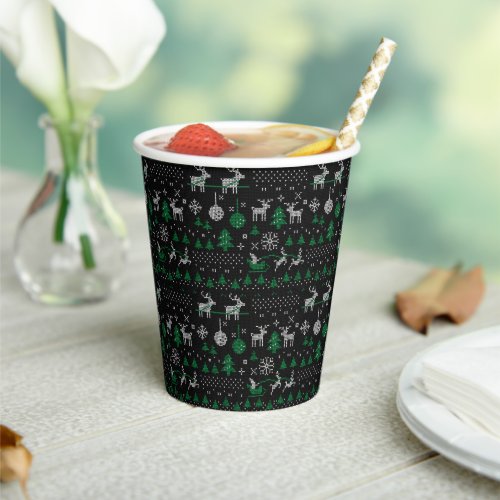 Black Green Santa Reindeer Ugly Christmas Sweater Paper Cups