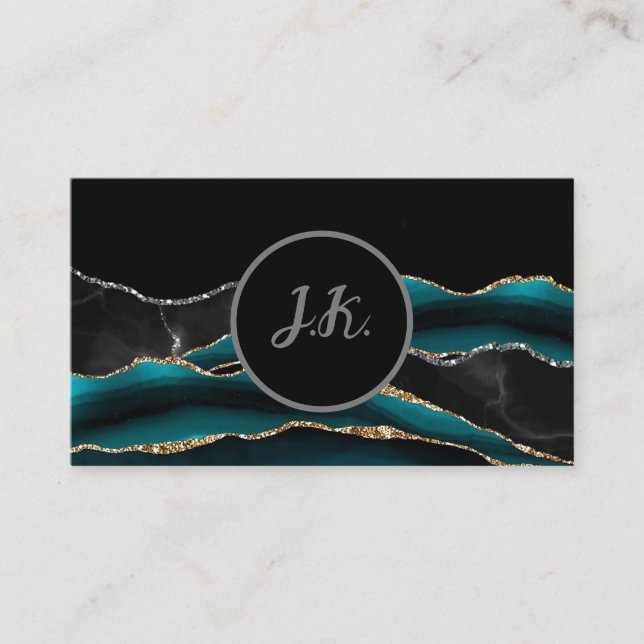 Black Green Silver Initials Agate Glam Marble Business Card (Front)