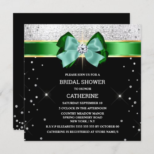 Black green silver shimmer bow sparkle glitter invitation