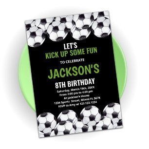 Black Green Soccer Birthday Invitations