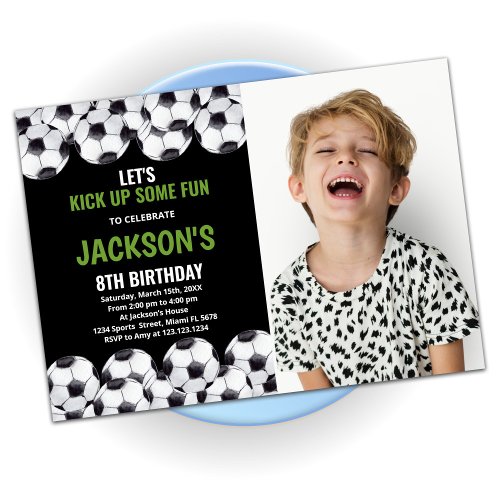 Black Green Soccer Birthday With Photo Invitation