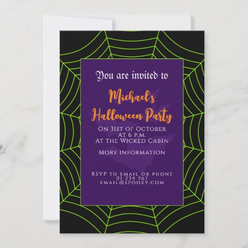 Black green spider web bats purple Halloween Invitation