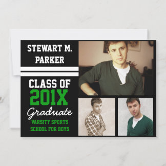 Black/Green Sporty Boys 3 Photo Graduation Invitation
