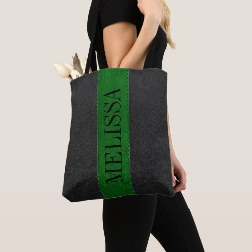 Black  Green Stitched Leather Texture Tote Bag