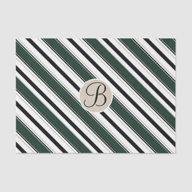 Black Green Stripes Kraft Monogram Letter Initial Tissue Paper (Front)