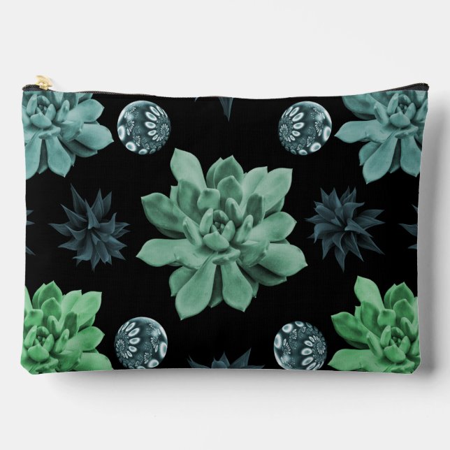 Black Green Teal Botanical Garden Pattern Accessory Pouch (Front)