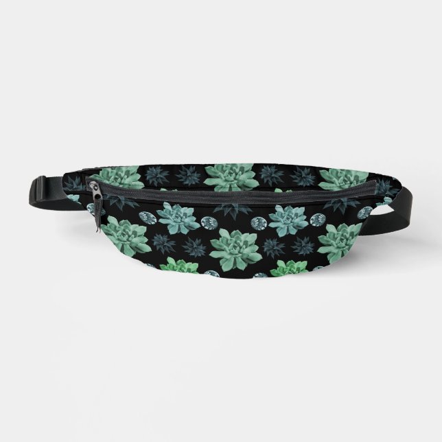 Black Green Teal Botanical Garden Pattern Fanny Pack (Front)