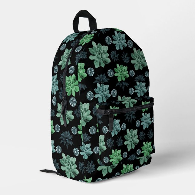 Black Green Teal Botanical Garden Pattern Printed Backpack (Back Corner Left)