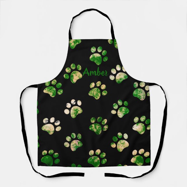 Black Green Texture Paw Print Pattern Personalized Apron (Front)