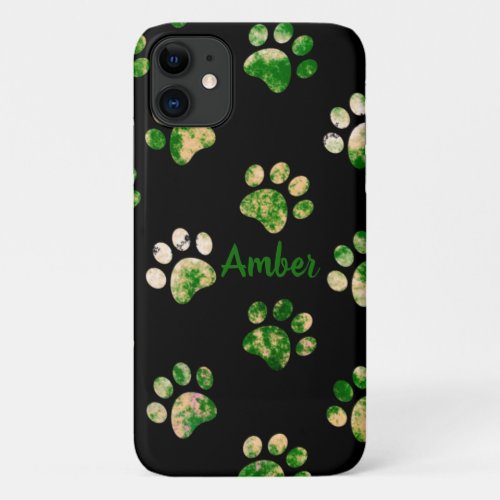 Black Green Texture Paw Print Pattern Personalized iPhone 11 Case