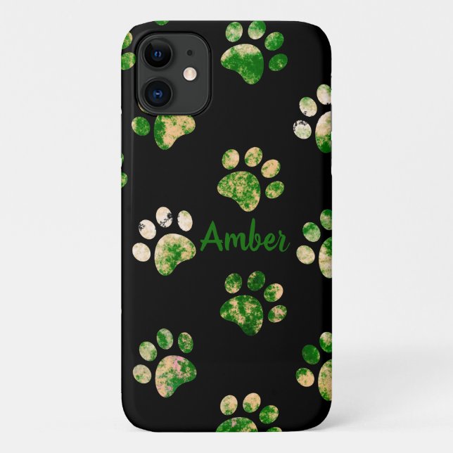 Black Green Texture Paw Print Pattern Personalized Case-Mate iPhone Case (Back)
