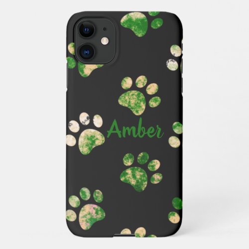 Black Green Texture Paw Print Pattern Personalized iPhone 11 Case