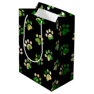 Black Green Textured Paw Print Pattern Medium Gift Bag