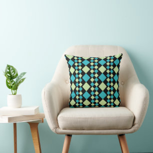Black green turquoise squares geometric throw pillow