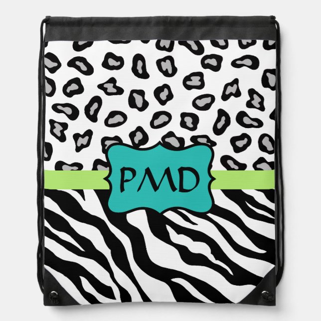 Black Green Turquoise Zebra Leopard Skin Monogram Drawstring Bag (Front)