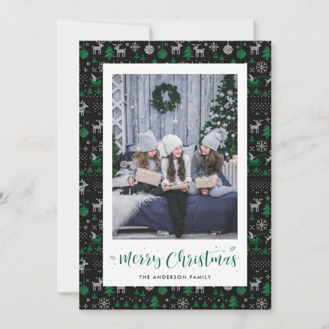 Black Green Ugly Sweater Photo Christmas Cards (Front)