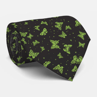 Black green vintage butterfly motif pattern neck tie