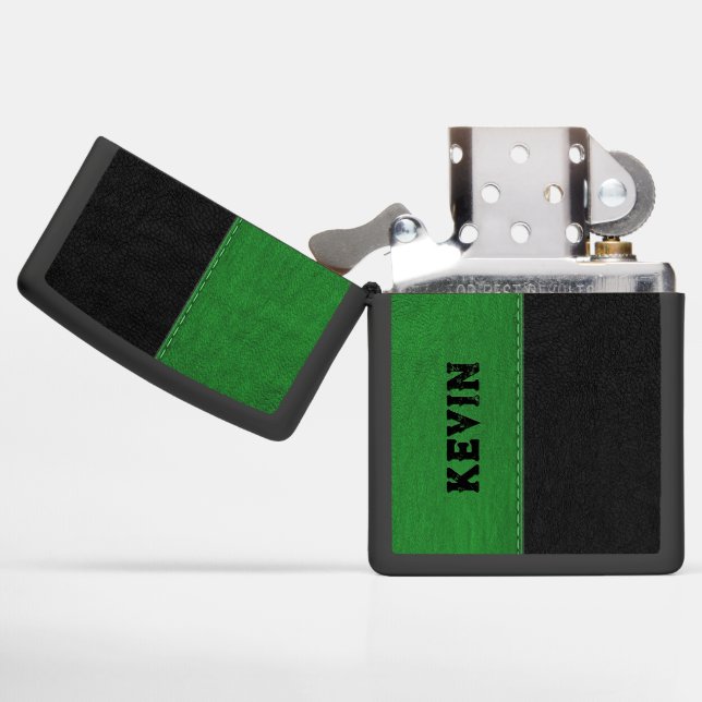 Black & Green Vintage Leather Texture Monogram Zippo Lighter (Opened)