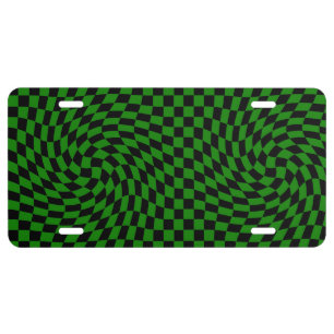 Black & Green Warped Check Checkered Pattern License Plate