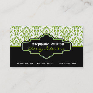 Black green white damask interiors business cards