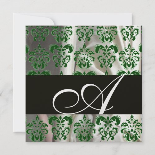 BLACK GREEN WHITE ICE SILK DAMASK CLOTH  MONOGRAM INVITATION