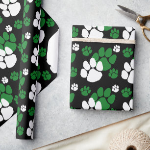 Black, Green & White Pawprint  Wrapping Paper
