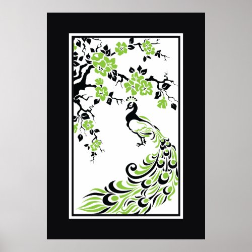 Black green white peacock and cherry blossoms poster