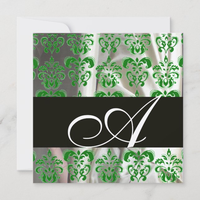 BLACK GREEN WHITE SILK DAMASK CLOTH MONOGRAM Gold Invitation (Front)