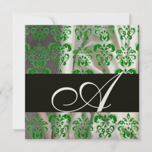 BLACK GREEN WHITE SILK DAMASK CLOTH MONOGRAM Gold Invitation