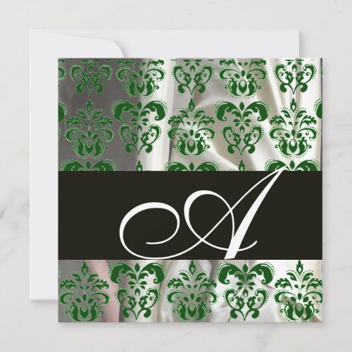 BLACK GREEN WHITE SILK DAMASK CLOTH MONOGRAM INVITATION