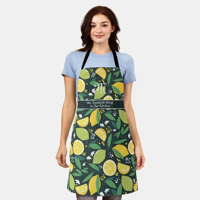 Black green yellow lemon pattern custom Monogram  Apron (Worn)