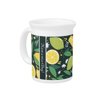 Black Green Yellow Lemon Pattern Custom Text  Beverage Pitcher by PiccoGrande at Zazzle