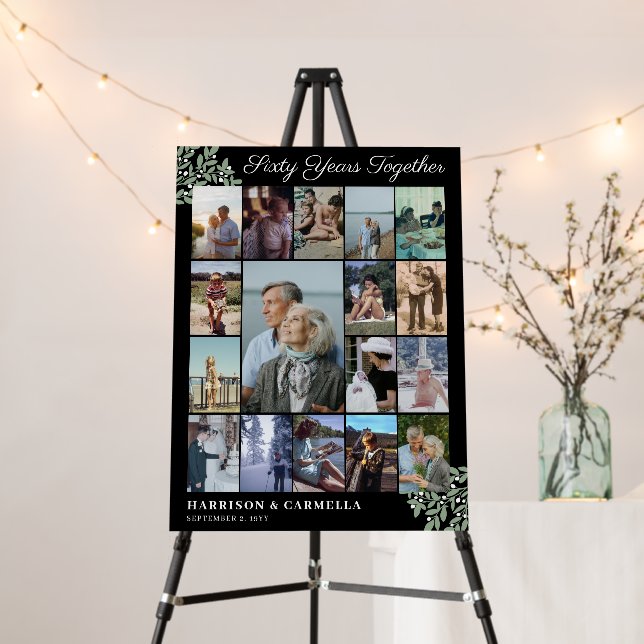 Black Greenery 60 Years Together 17 Photo Collage Foam Board (In Situ (Stand))
