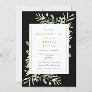 Black Greenery Celebration of Life Photo Funeral Invitation